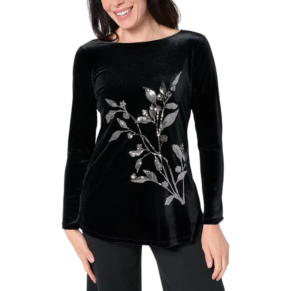BEAUTIFUL by Lawrence Zarian Women's Velvet Placed Sequin Tunic Black - Petite